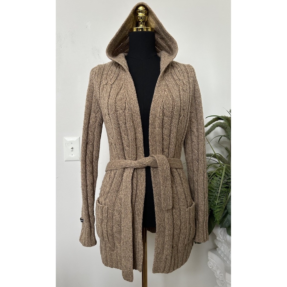 VTG Abercrombie Fitch Y2K Hooded WoolCable Knit Belted Duster Cardigan Sweater S